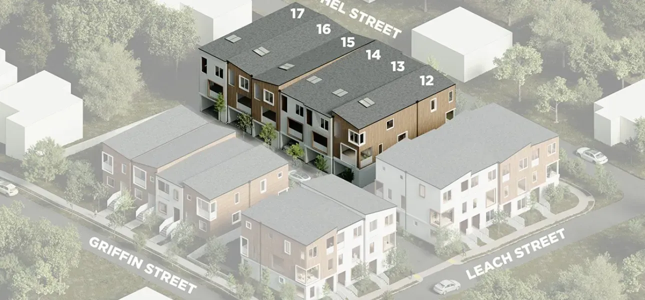 Aerial view of the Ethel Street homes at Leach Street Commons