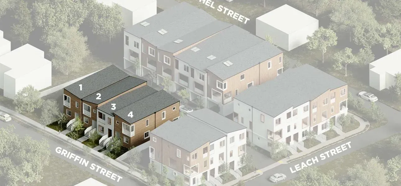 Aerial view of the Griffin Street homes at Leach Street Commons