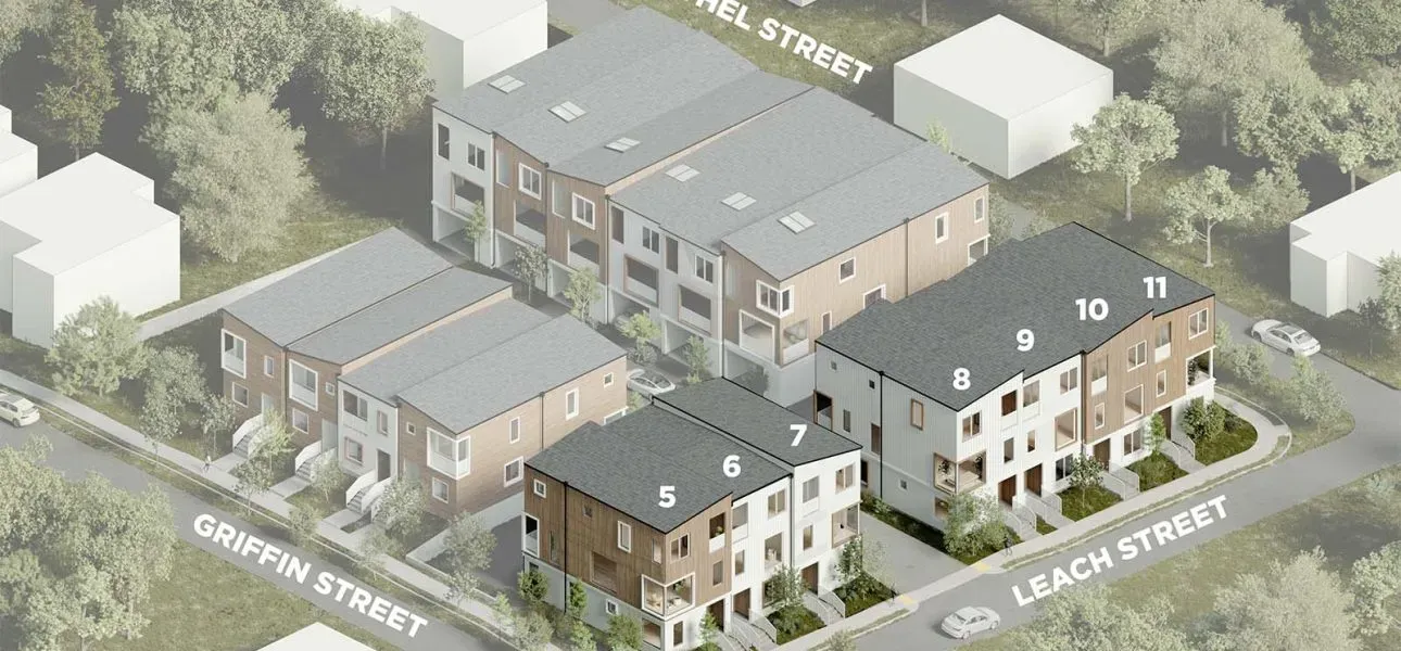 Aerial view of the Leach Street homes at Leach Street Commons