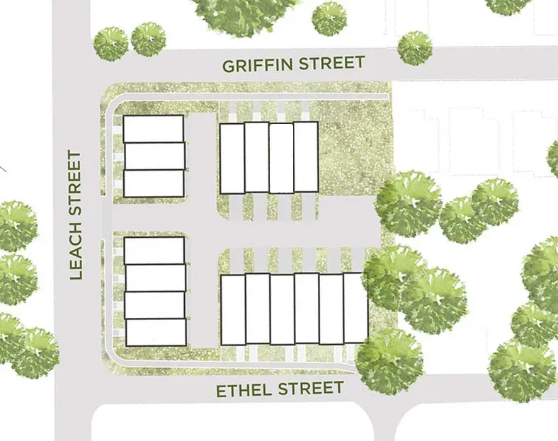 Site plan of Leach Street Commons, with homes along Leach, Griffin, and Ethel Streets